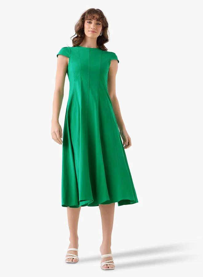 ايكونيك Iconic A-line Midi Dress with Cap Sleeves